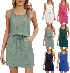 Womens Sundresses Summer Hollow Out Swimsuit Cover Up Cross Back Eyelets Beach Dress Flowy Spaghetti Strap Dress