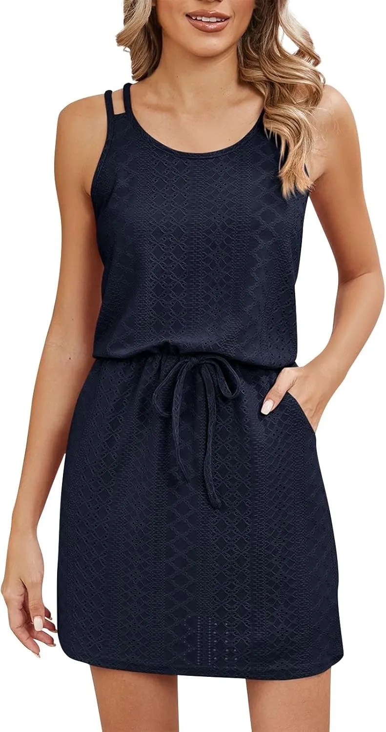 Womens Sundresses Summer Hollow Out Swimsuit Cover Up Cross Back Eyelets Beach Dress Flowy Spaghetti Strap Dress