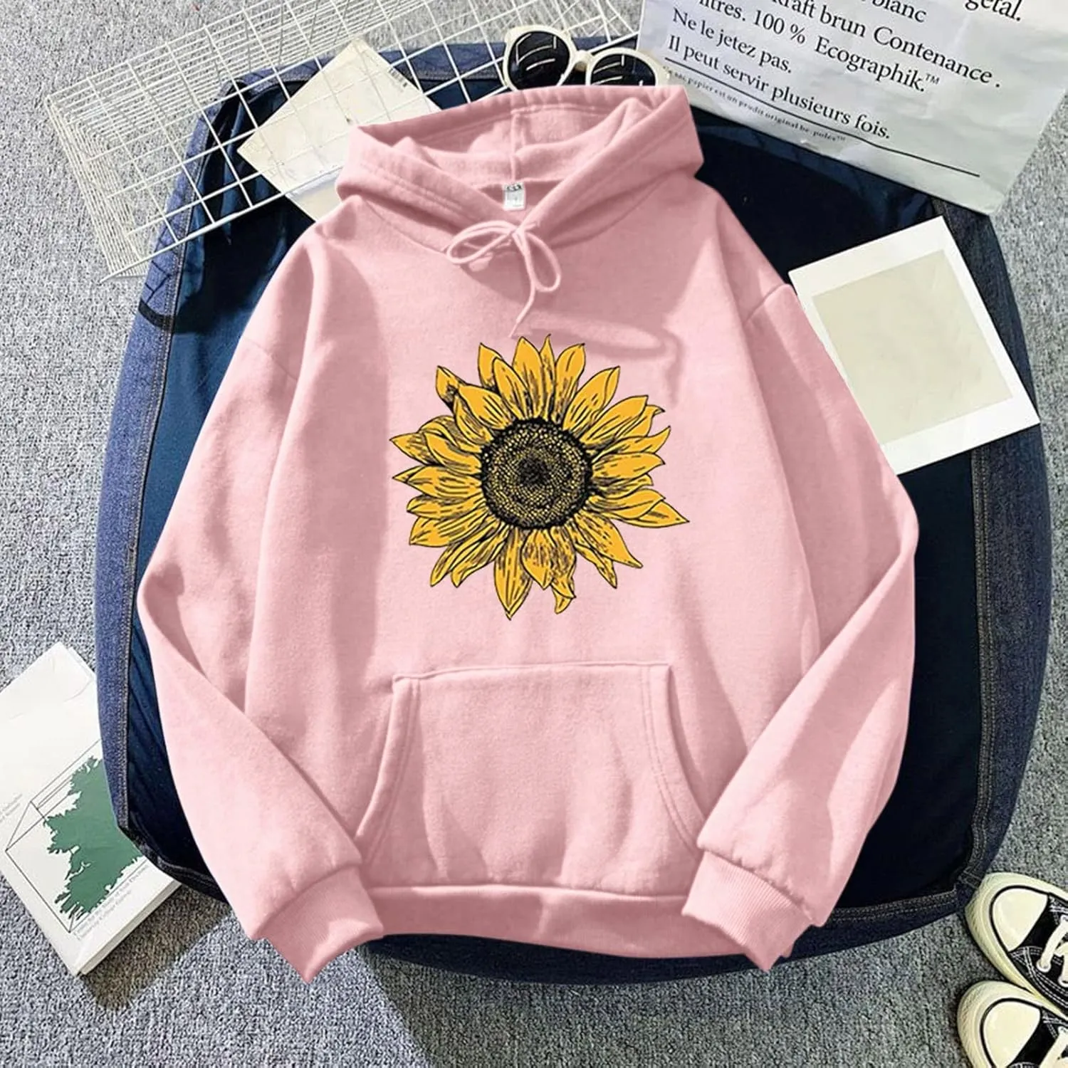 Womens Sunflower Hoodies Oversized Casual Drawstring Pockets Y2K Hooded Sweatshirts 2024 Fall Fashion Comfort Hoodie