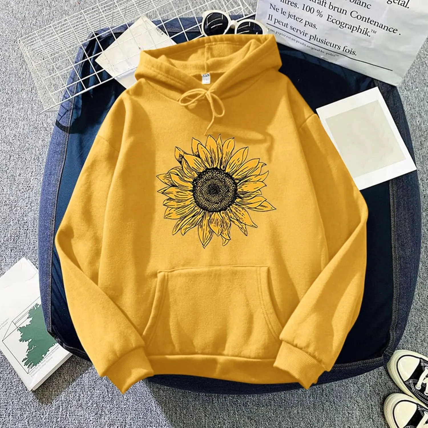Womens Sunflower Hoodies Oversized Casual Drawstring Pockets Y2K Hooded Sweatshirts 2024 Fall Fashion Comfort Hoodie