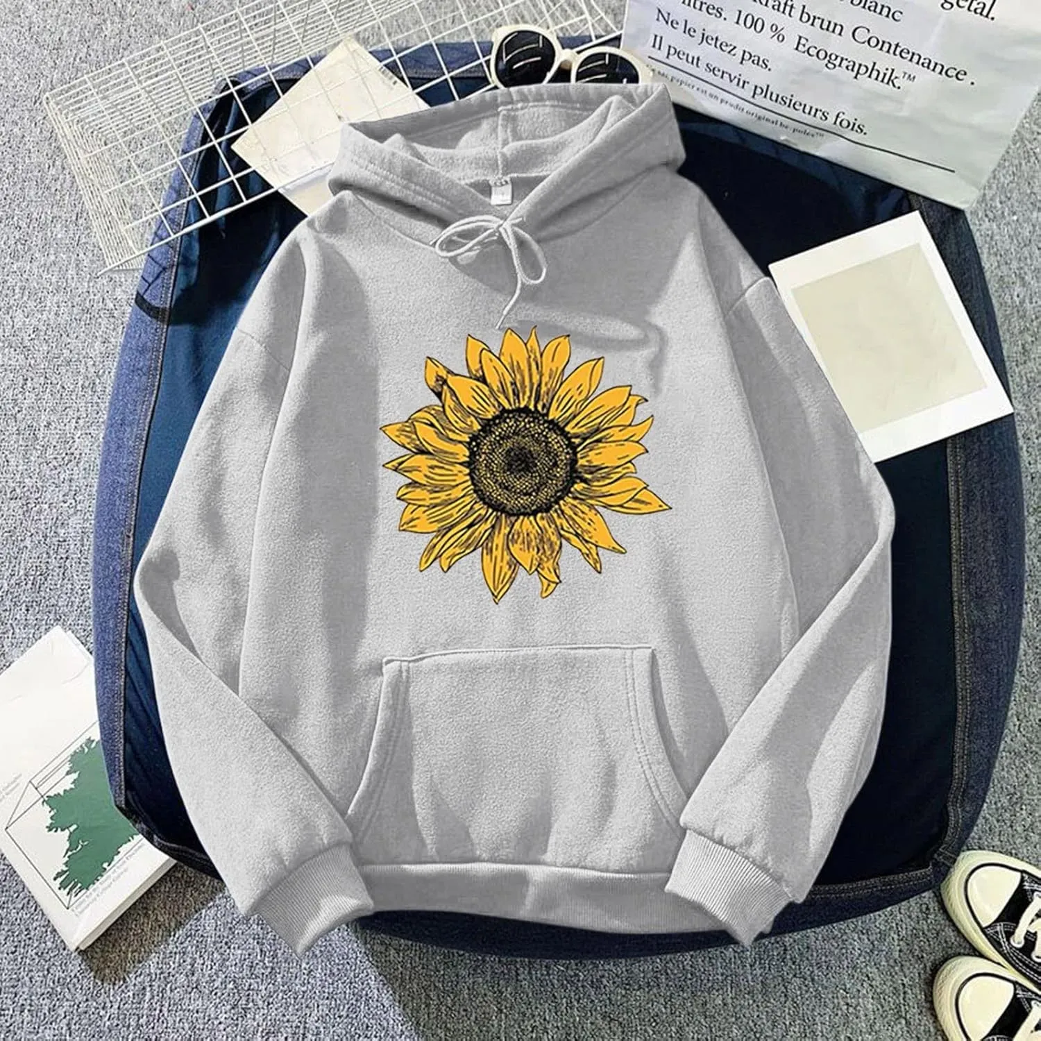 Womens Sunflower Hoodies Oversized Casual Drawstring Pockets Y2K Hooded Sweatshirts 2024 Fall Fashion Comfort Hoodie