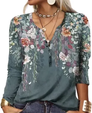 Womens Tops Dressy Casual Button Up Shirt Boho Floral Print Blouse 2025 Summer Clothes V-Neck Long Sleeve Shirts