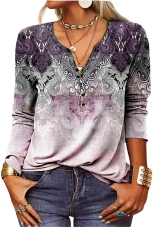 Womens Tops Dressy Casual Button Up Shirt Boho Floral Print Blouse 2025 Summer Clothes V-Neck Long Sleeve Shirts