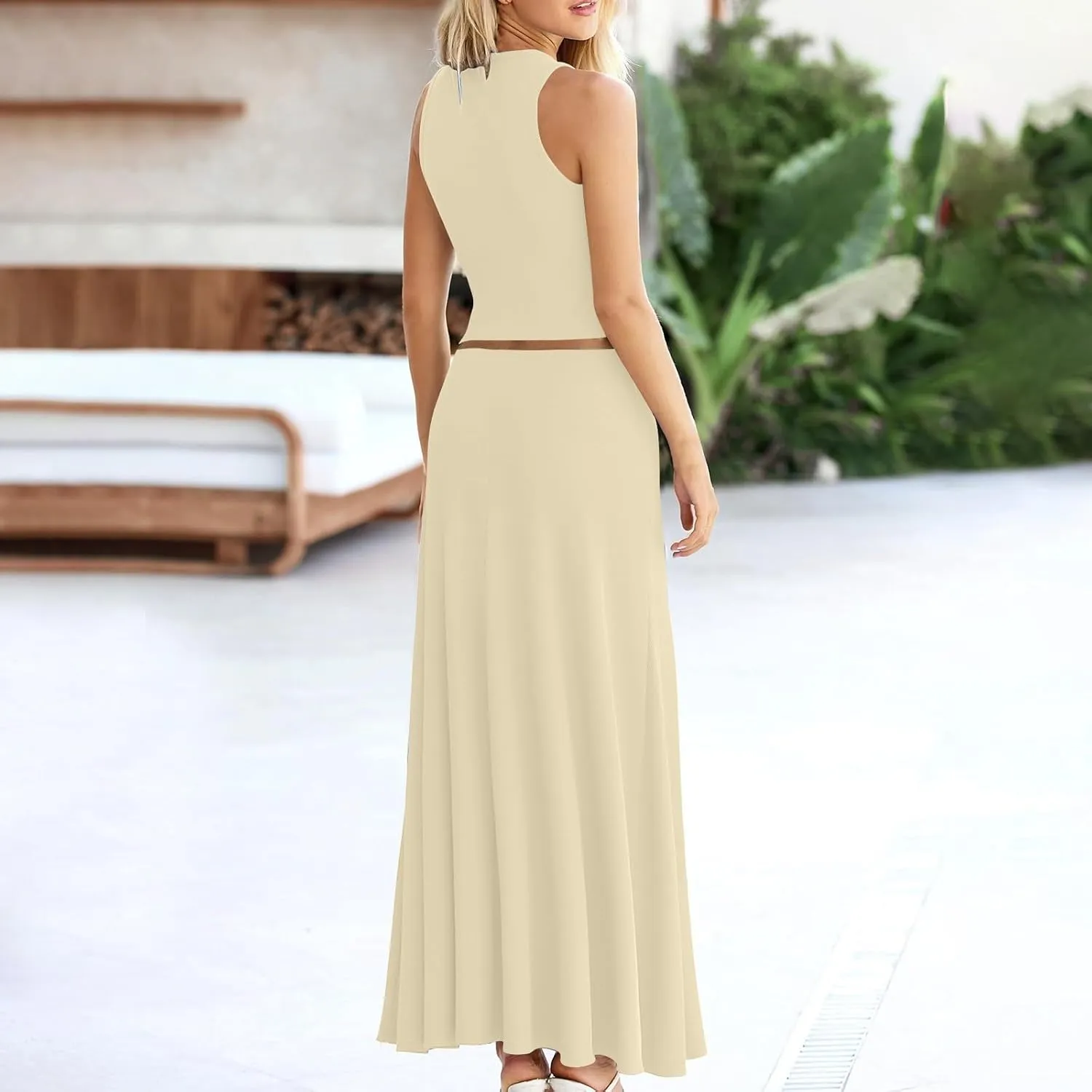 Womens Two Piece Skirt Set Casual Ribbed Knit Crew Neck Short Sleeve Slim Fit Cropped Tops and Swing Midi Skirts Sets