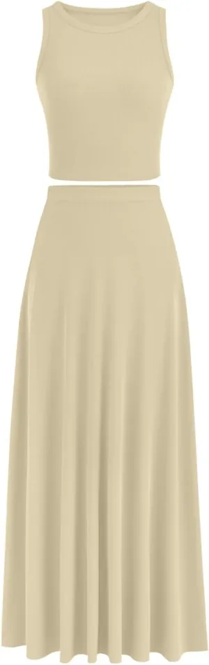 Womens Two Piece Skirt Set Casual Ribbed Knit Crew Neck Short Sleeve Slim Fit Cropped Tops and Swing Midi Skirts Sets