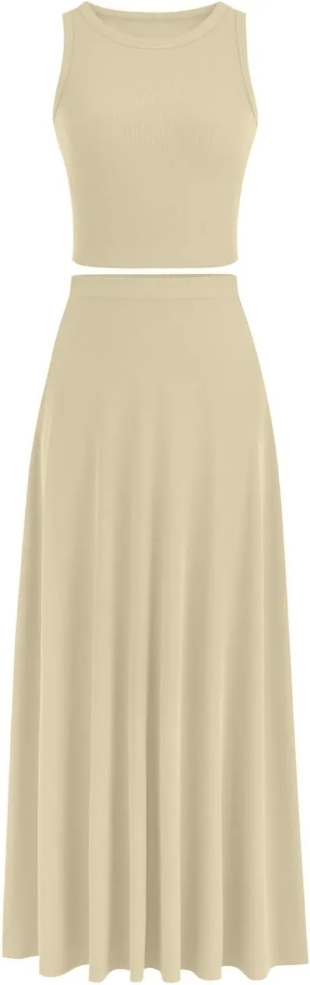 Womens Two Piece Skirt Set Casual Ribbed Knit Crew Neck Short Sleeve Slim Fit Cropped Tops and Swing Midi Skirts Sets