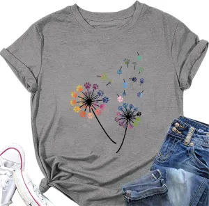 Women's Vintage Floral Pattern Shirt Boho Short Sleeve T-Shirt Cute Dandelion Plant Wildflower Shirt Gardening Lover Gift