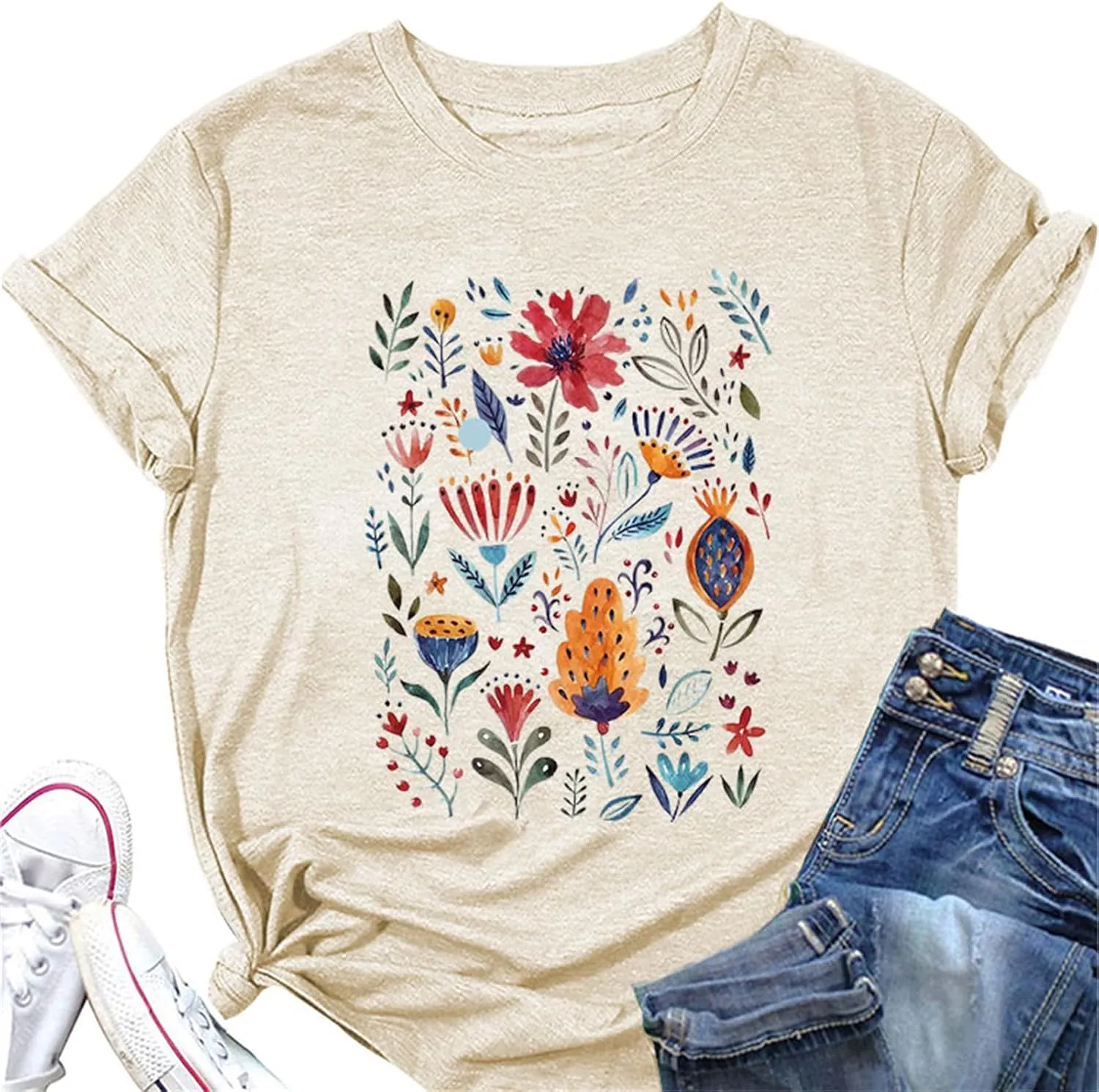 Women's Vintage Floral Pattern Shirt Boho Short Sleeve T-Shirt Cute Dandelion Plant Wildflower Shirt Gardening Lover Gift