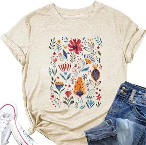 Women's Vintage Floral Pattern Shirt Boho Short Sleeve T-Shirt Cute Dandelion Plant Wildflower Shirt Gardening Lover Gift