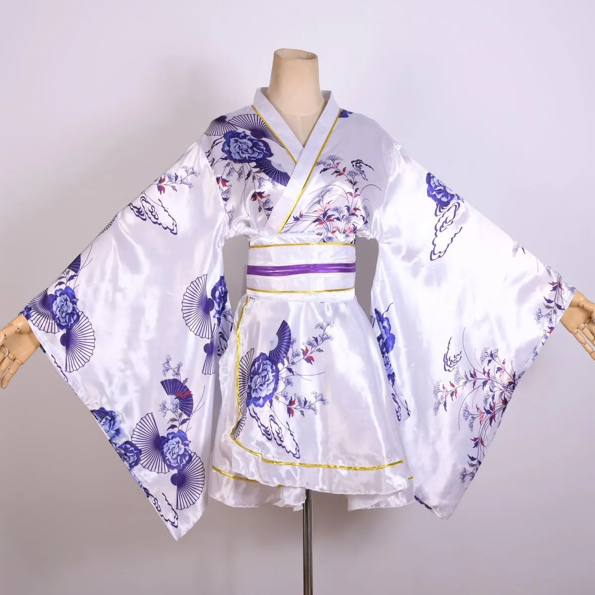 Women's White Mini Kimono Japanese Traditional Print Short Kimono Yukata Robe Dress