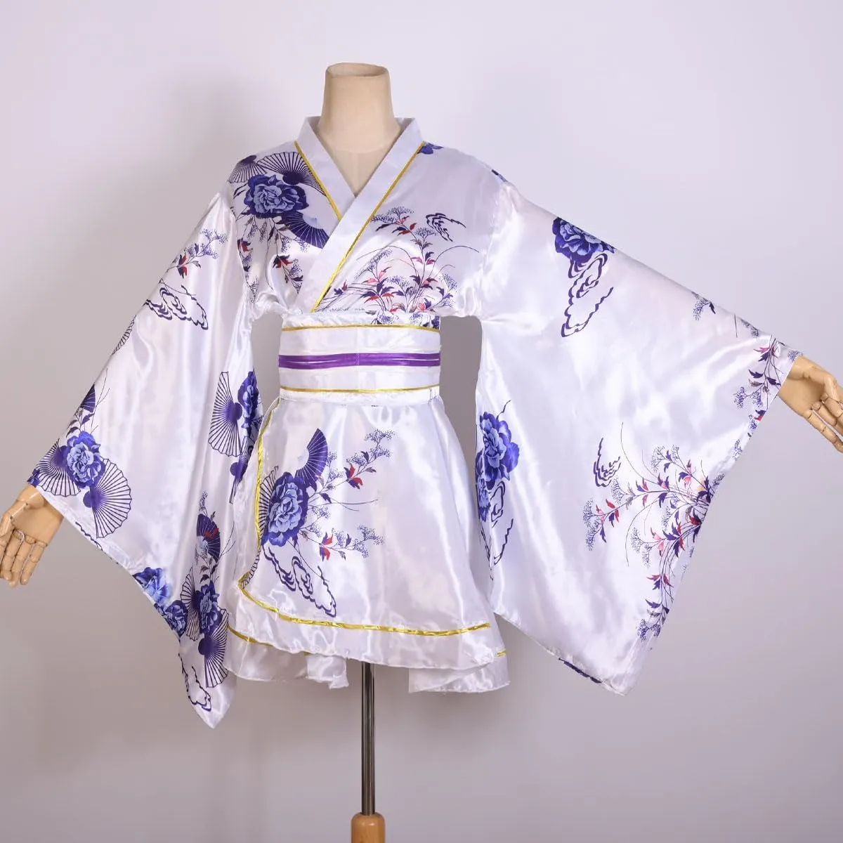 Women's White Mini Kimono Japanese Traditional Print Short Kimono Yukata Robe Dress