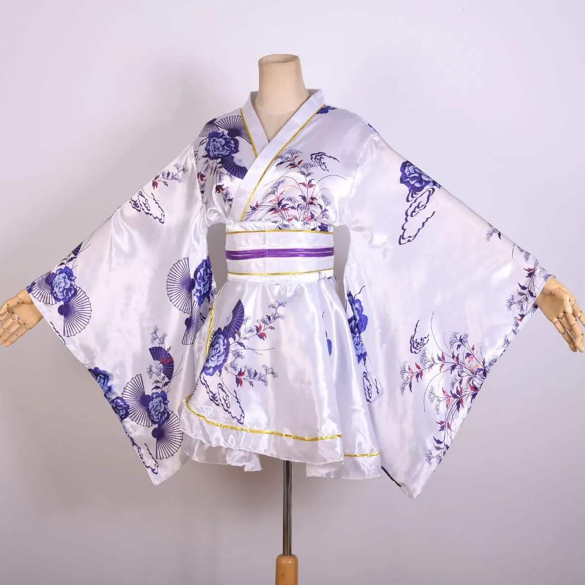 Women's White Mini Kimono Japanese Traditional Print Short Kimono Yukata Robe Dress