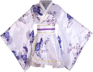 Women's White Mini Kimono Japanese Traditional Print Short Kimono Yukata Robe Dress