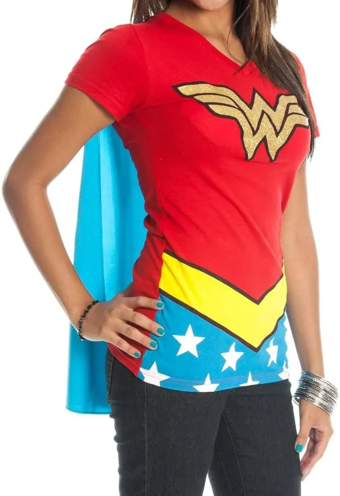 Wonder Woman Glitter Logo Juniors Costume Cosplay Cape T-Shirt Tee Shirt DC Comics