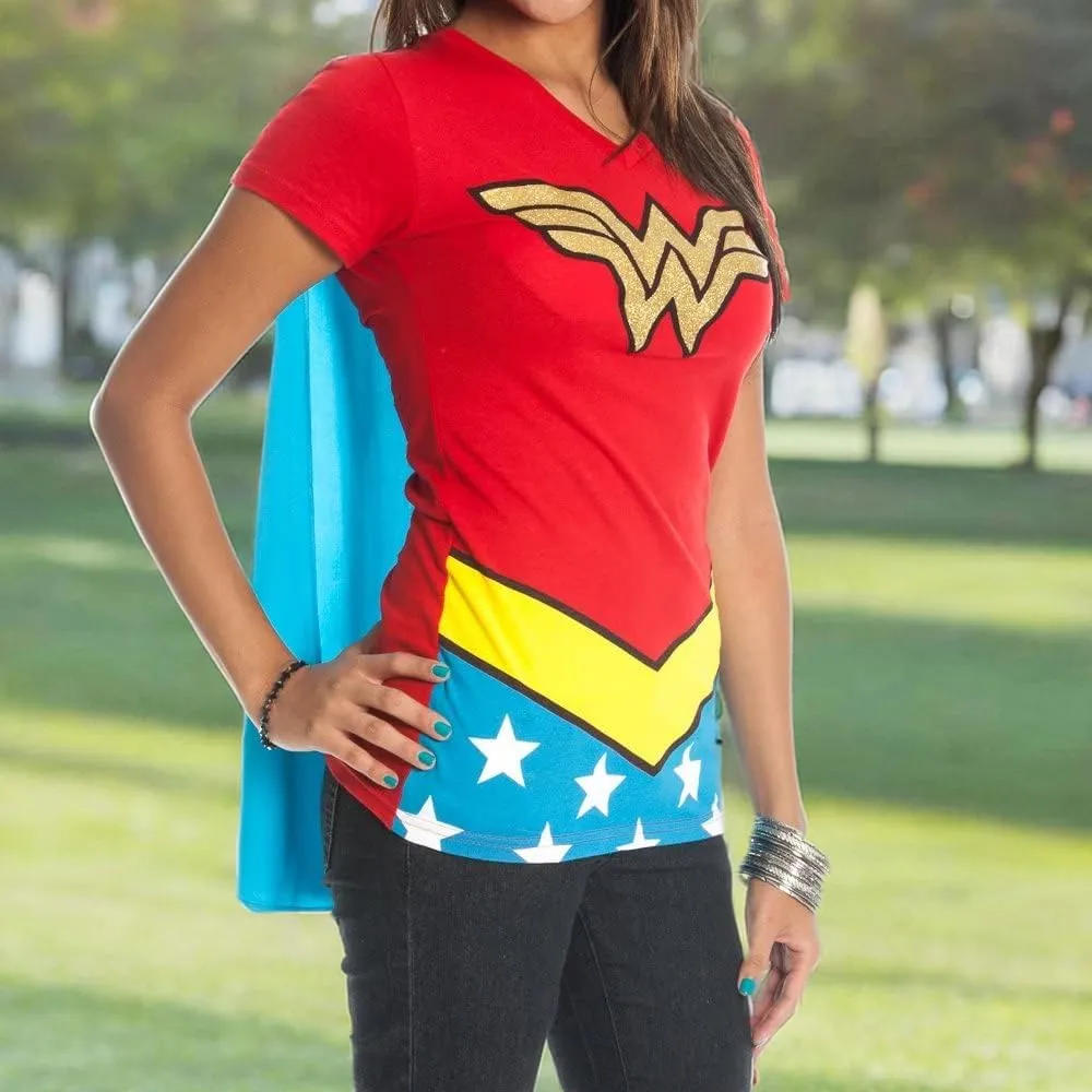 Wonder Woman Glitter Logo Juniors Costume Cosplay Cape T-Shirt Tee Shirt DC Comics
