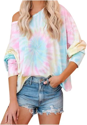 WUAI-Women Tie Dye Sweatshirt Oversized Long Sleeve Crewneck Loose Fit Casual Pullover Shirts Tunic Tops Loungewear