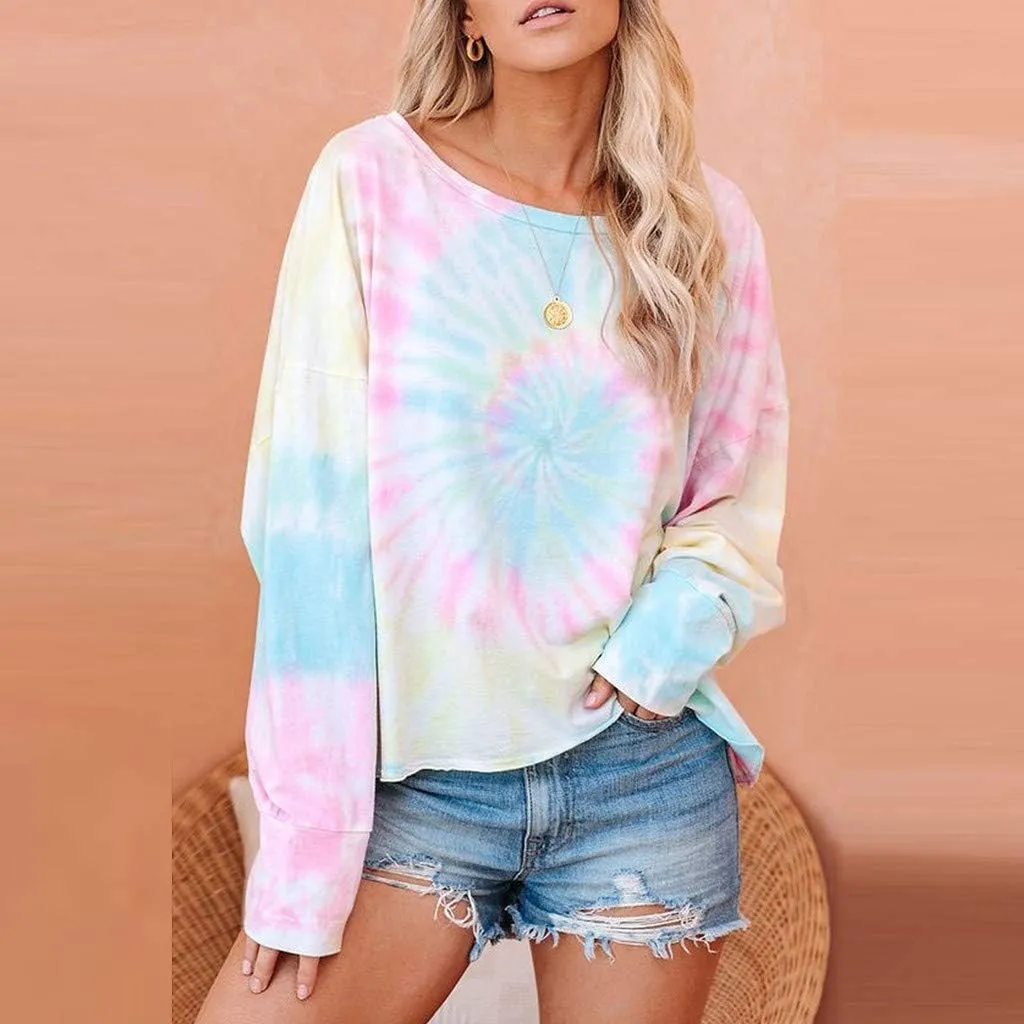 WUAI-Women Tie Dye Sweatshirt Oversized Long Sleeve Crewneck Loose Fit Casual Pullover Shirts Tunic Tops Loungewear