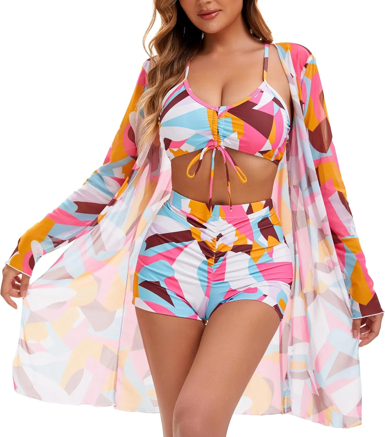 Yknktstc Womens 3 Pieces Bikini Set Swimsuit Tropical Beach Cover up Kimono Swimwear Bathing Suit with Boy Shorts