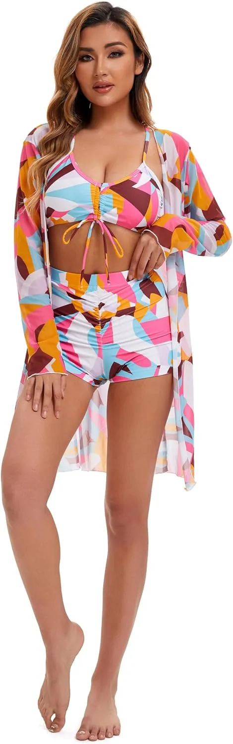 Yknktstc Womens 3 Pieces Bikini Set Swimsuit Tropical Beach Cover up Kimono Swimwear Bathing Suit with Boy Shorts