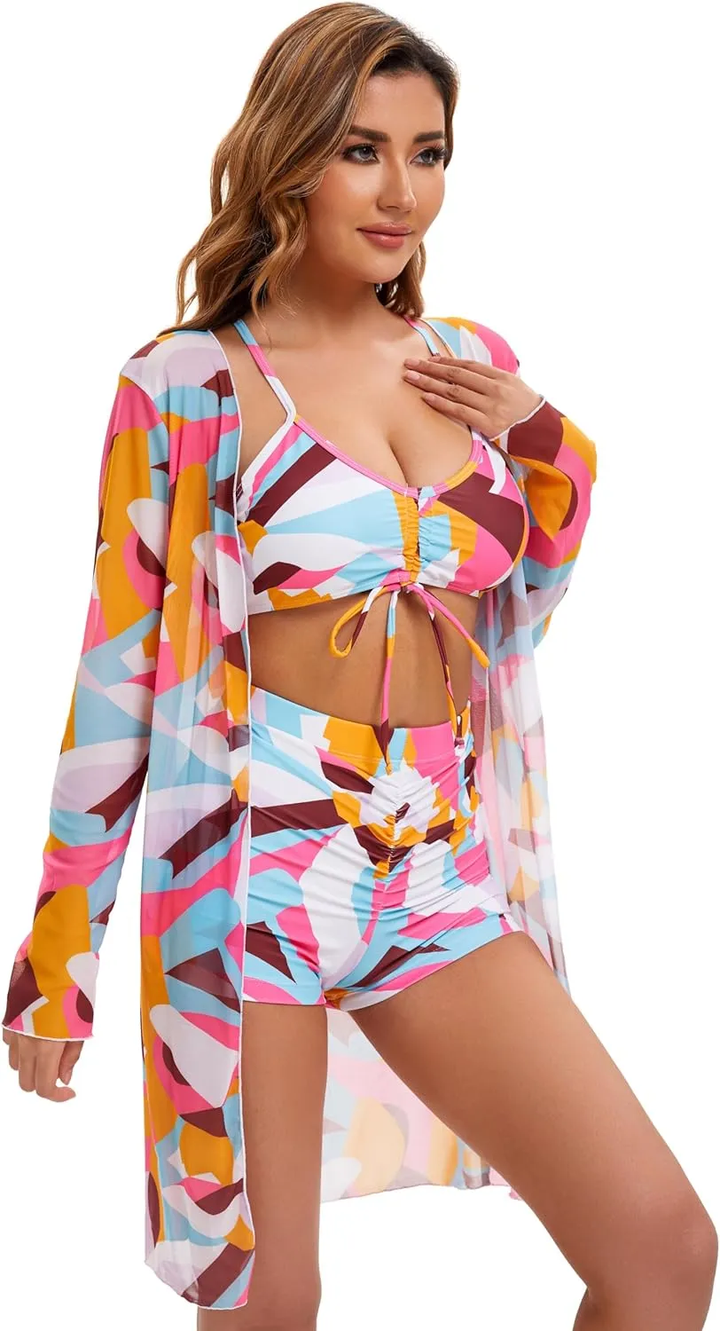 Yknktstc Womens 3 Pieces Bikini Set Swimsuit Tropical Beach Cover up Kimono Swimwear Bathing Suit with Boy Shorts