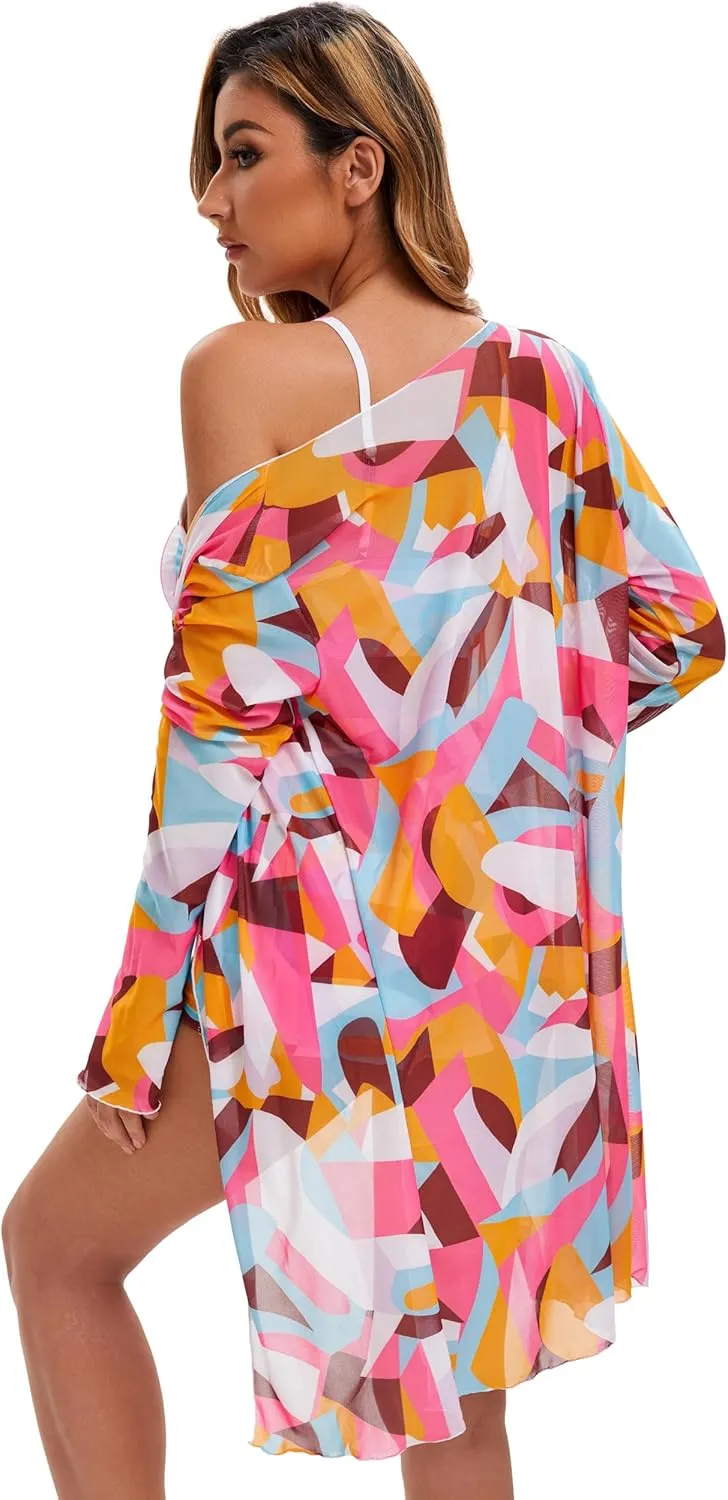 Yknktstc Womens 3 Pieces Bikini Set Swimsuit Tropical Beach Cover up Kimono Swimwear Bathing Suit with Boy Shorts