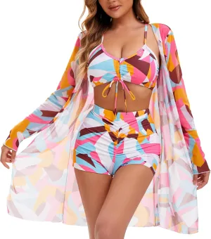 Yknktstc Womens 3 Pieces Bikini Set Swimsuit Tropical Beach Cover up Kimono Swimwear Bathing Suit with Boy Shorts