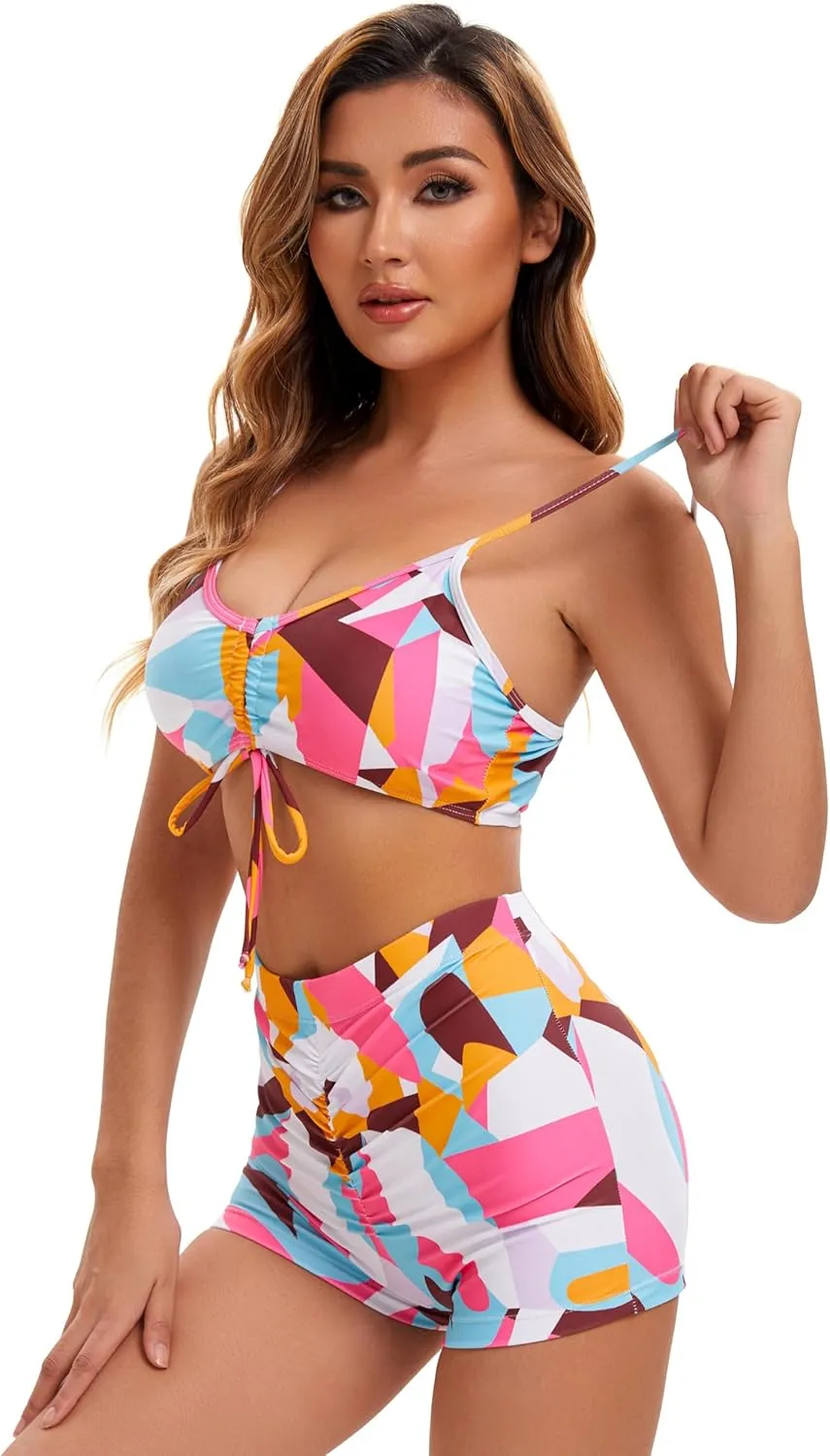 Yknktstc Womens 3 Pieces Bikini Set Swimsuit Tropical Beach Cover up Kimono Swimwear Bathing Suit with Boy Shorts
