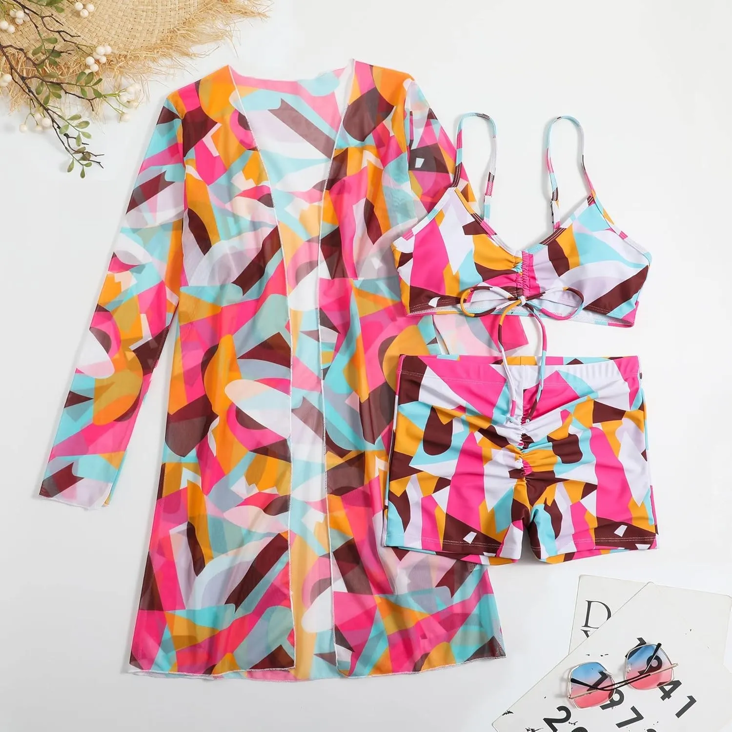 Yknktstc Womens 3 Pieces Bikini Set Swimsuit Tropical Beach Cover up Kimono Swimwear Bathing Suit with Boy Shorts