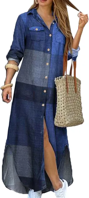 YMING Women's Long Sleeve Button Down Shirt Dress Spring Casual Maxi Dresses Loose Fit Blouse Dress with Pockets