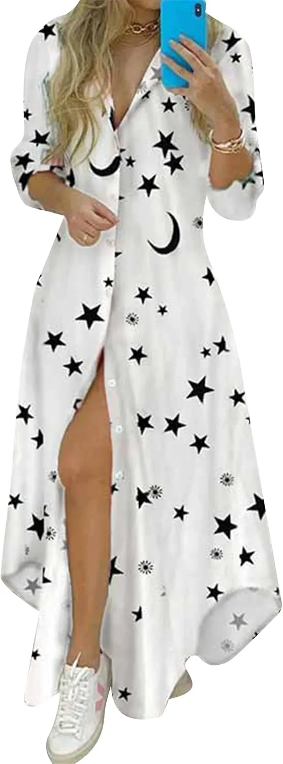 YMING Womens Long Sleeve Button Down Shirt Dresses Casual Floral Print Maxi Dress Loose Fit Split Blouse Dress