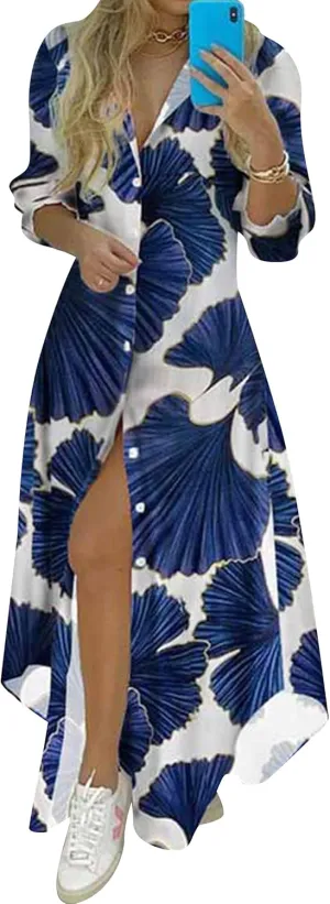 YMING Womens Long Sleeve Button Down Shirt Dresses Casual Floral Print Maxi Dress Loose Fit Split Blouse Dress
