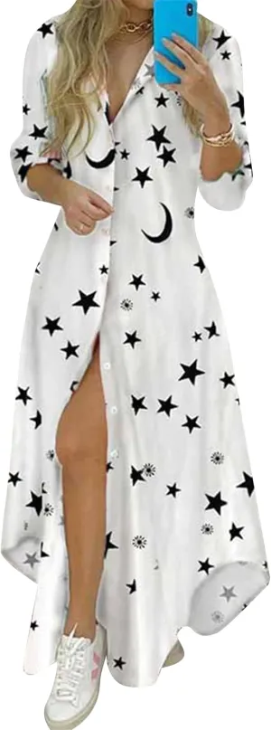 YMING Womens Long Sleeve Button Down Shirt Dresses Casual Floral Print Maxi Dress Loose Fit Split Blouse Dress