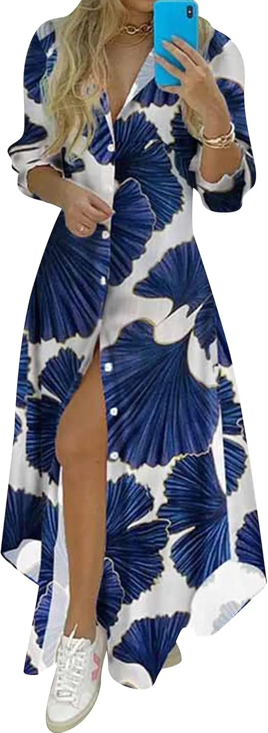 YMING Womens Long Sleeve Button Down Shirt Dresses Casual Floral Print Maxi Dress Loose Fit Split Blouse Dress