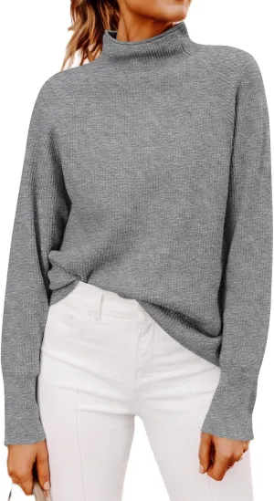 Yousify Womens Ribbed Mock Neck Batwing Sleeve Sweater Loose Knitted Pullover Sweaters Jumper Tops