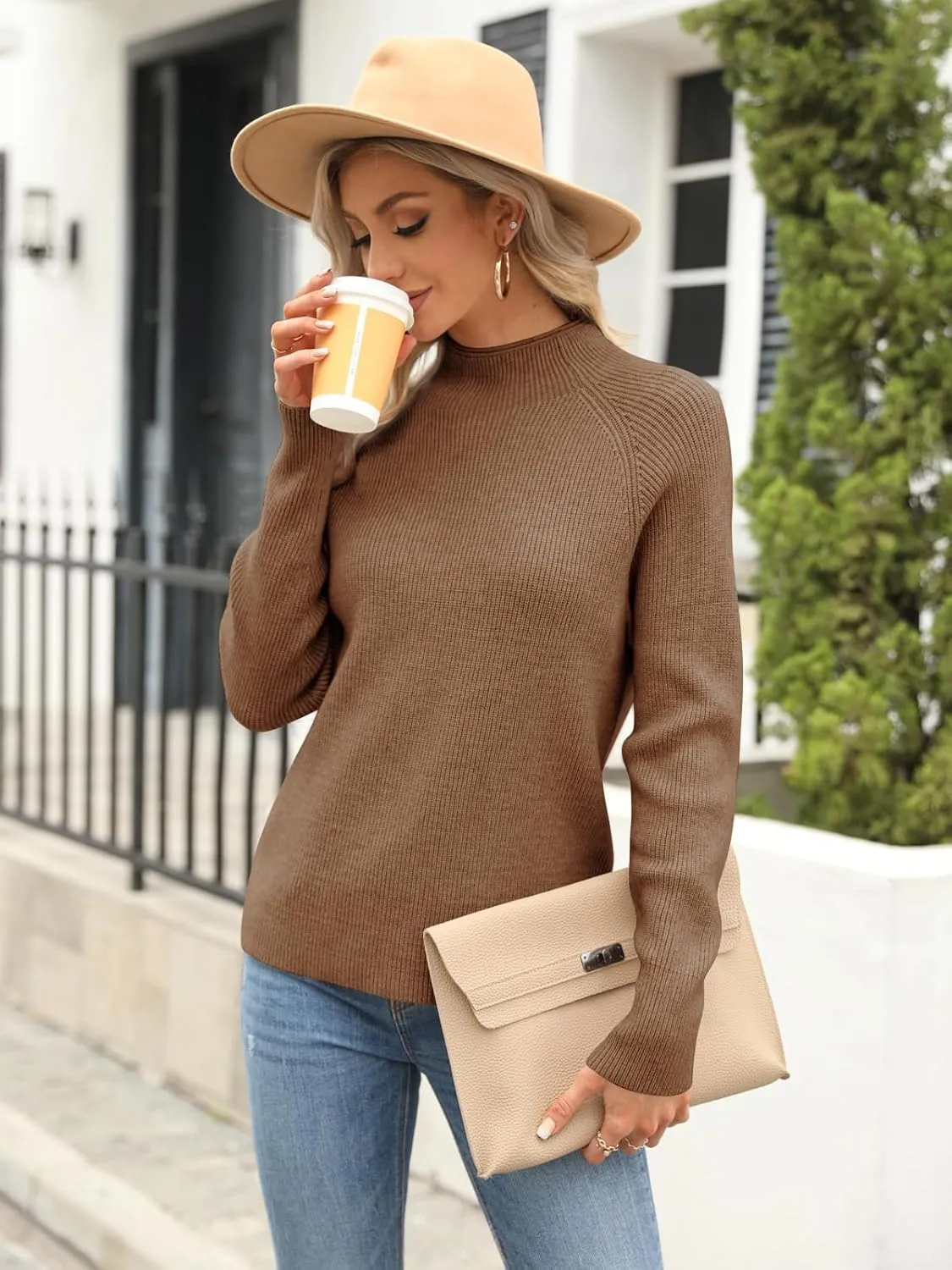 Yousify Womens Ribbed Mock Neck Batwing Sleeve Sweater Loose Knitted Pullover Sweaters Jumper Tops