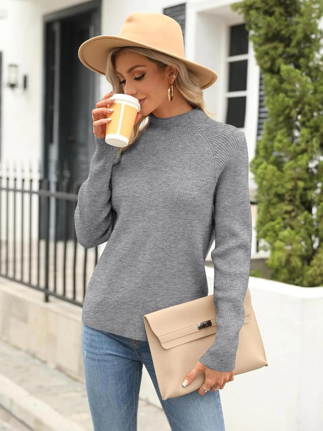 Yousify Womens Ribbed Mock Neck Batwing Sleeve Sweater Loose Knitted Pullover Sweaters Jumper Tops