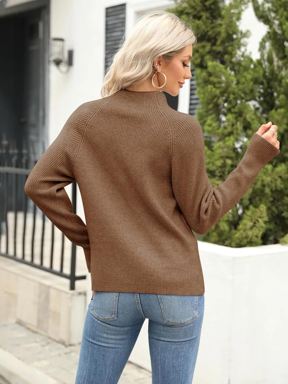 Yousify Womens Ribbed Mock Neck Batwing Sleeve Sweater Loose Knitted Pullover Sweaters Jumper Tops