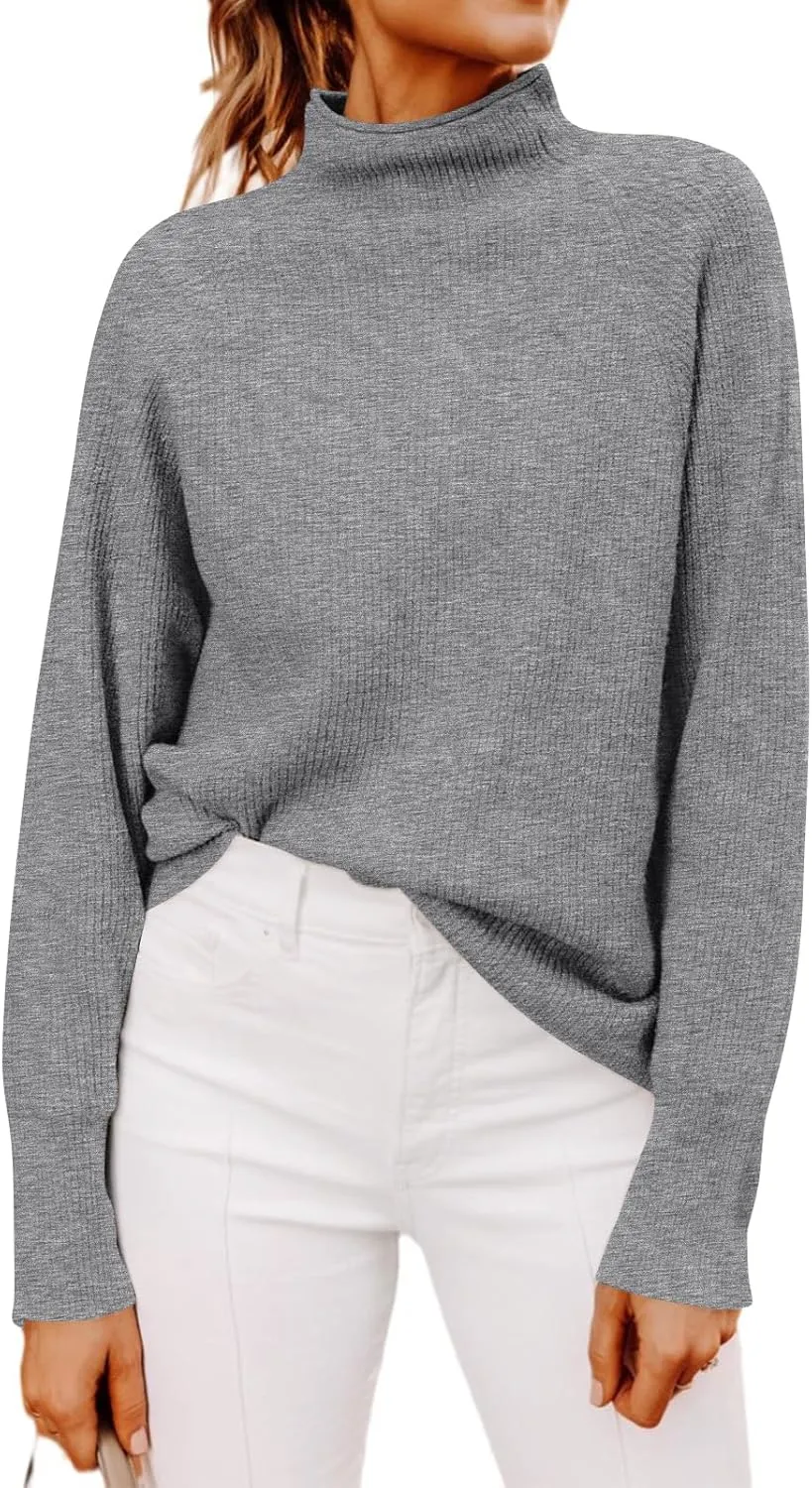 Yousify Womens Ribbed Mock Neck Batwing Sleeve Sweater Loose Knitted Pullover Sweaters Jumper Tops