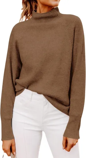 Yousify Womens Ribbed Mock Neck Batwing Sleeve Sweater Loose Knitted Pullover Sweaters Jumper Tops