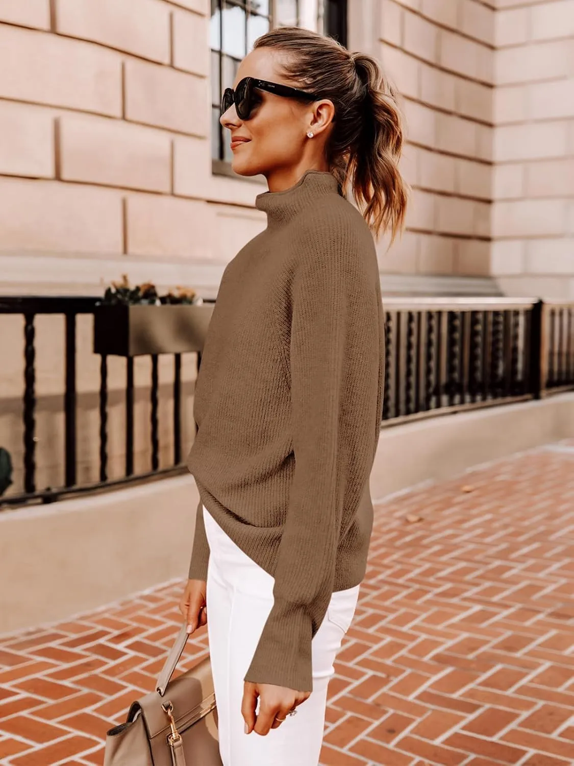 Yousify Womens Ribbed Mock Neck Batwing Sleeve Sweater Loose Knitted Pullover Sweaters Jumper Tops