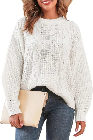 ZAFUL Womens Sweater Cable Knit Oversized Sweaters Crewneck Long Sleeves Casual Knit Pullover Tops