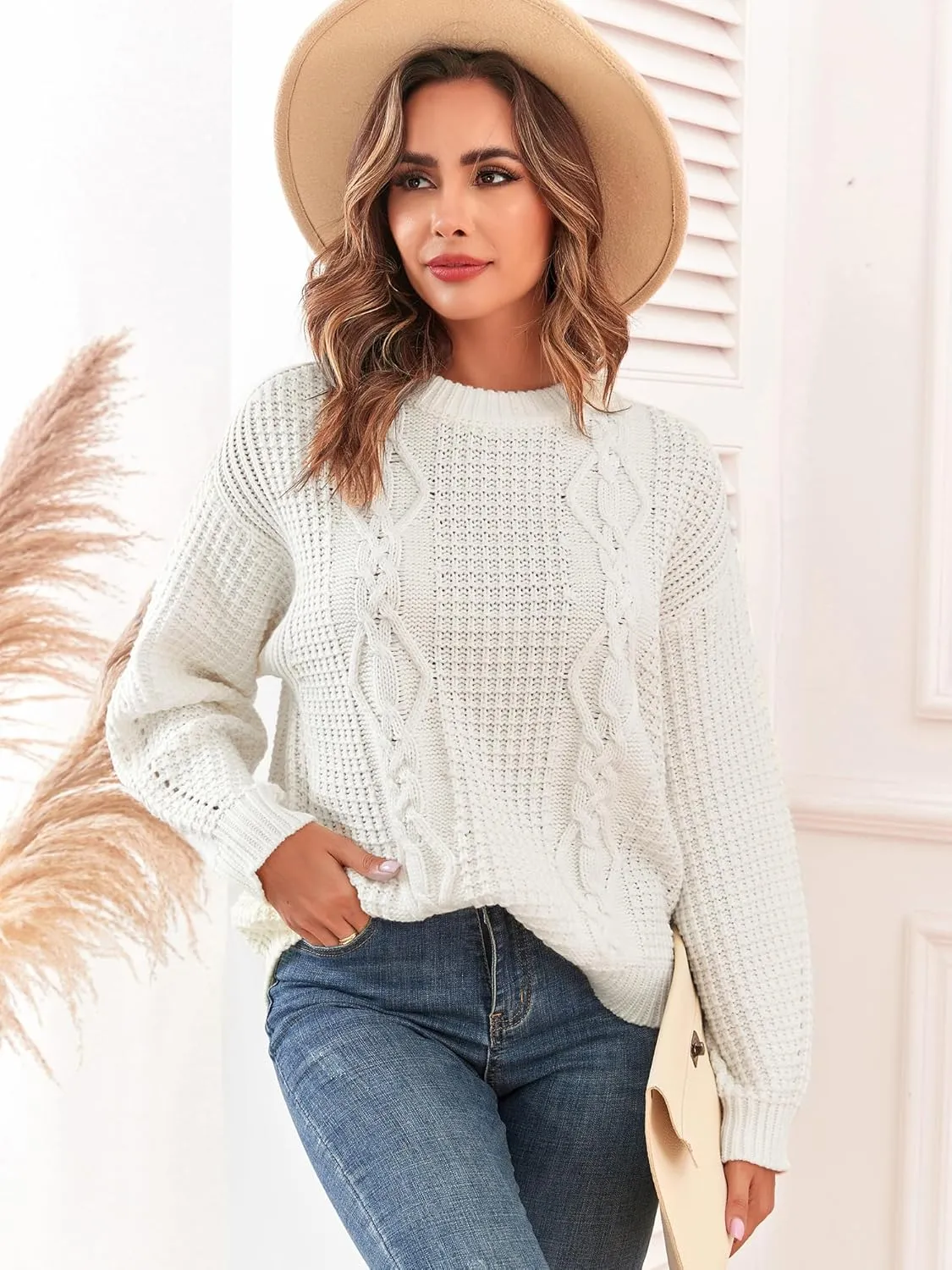 ZAFUL Womens Sweater Cable Knit Oversized Sweaters Crewneck Long Sleeves Casual Knit Pullover Tops