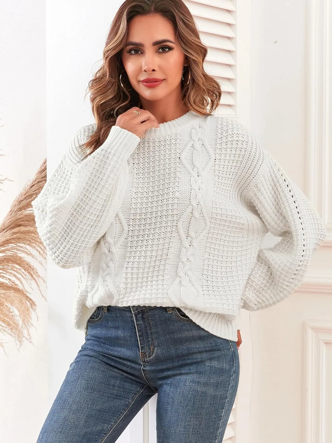 ZAFUL Womens Sweater Cable Knit Oversized Sweaters Crewneck Long Sleeves Casual Knit Pullover Tops
