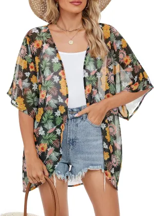 Zando Womens Floral Kimono Cover Ups Short Sleeve Kimono Cardigans Casual Shawl Cardigan Loose Open Front Kimono Tops