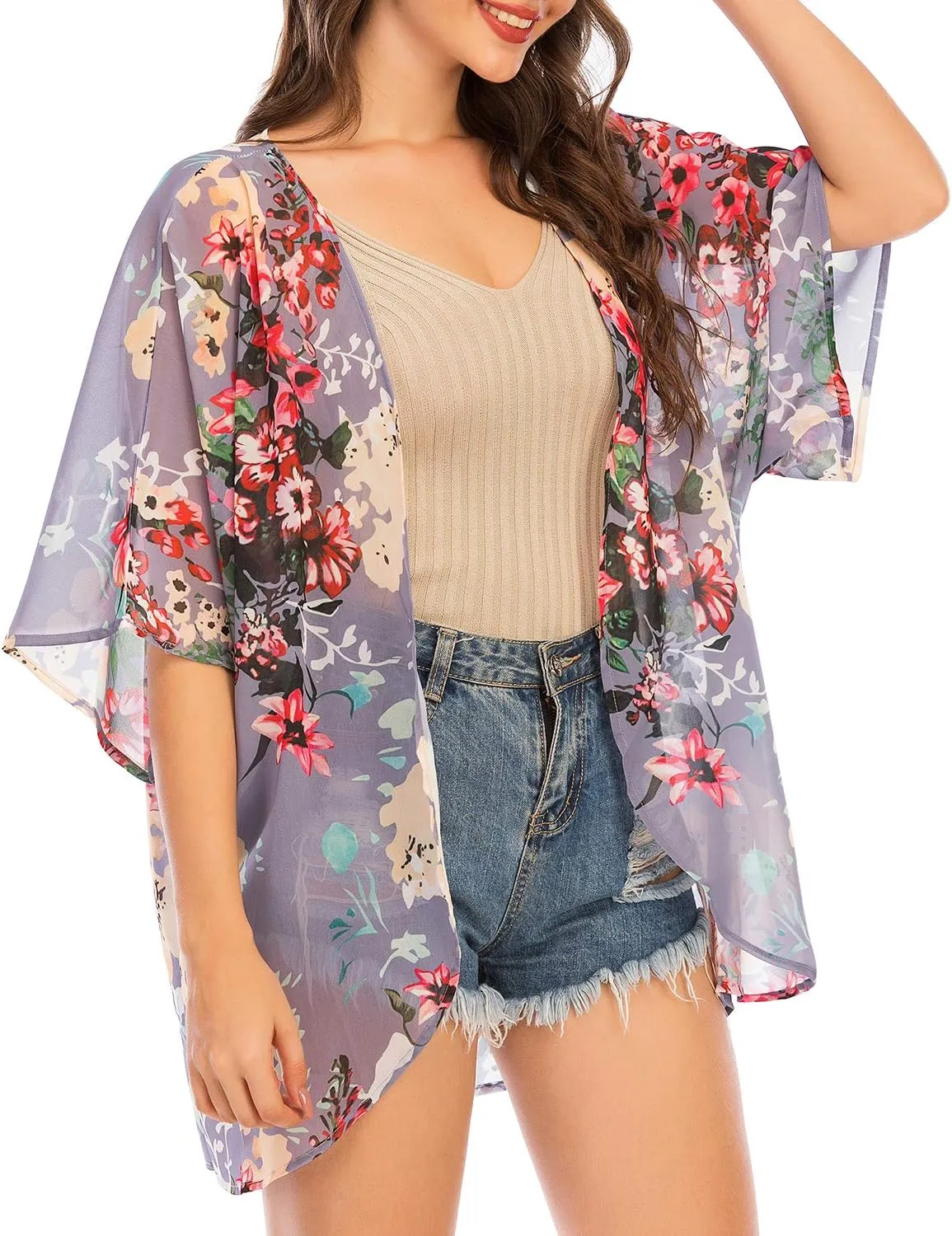 Zando Womens Floral Kimono Cover Ups Short Sleeve Kimono Cardigans Casual Shawl Cardigan Loose Open Front Kimono Tops