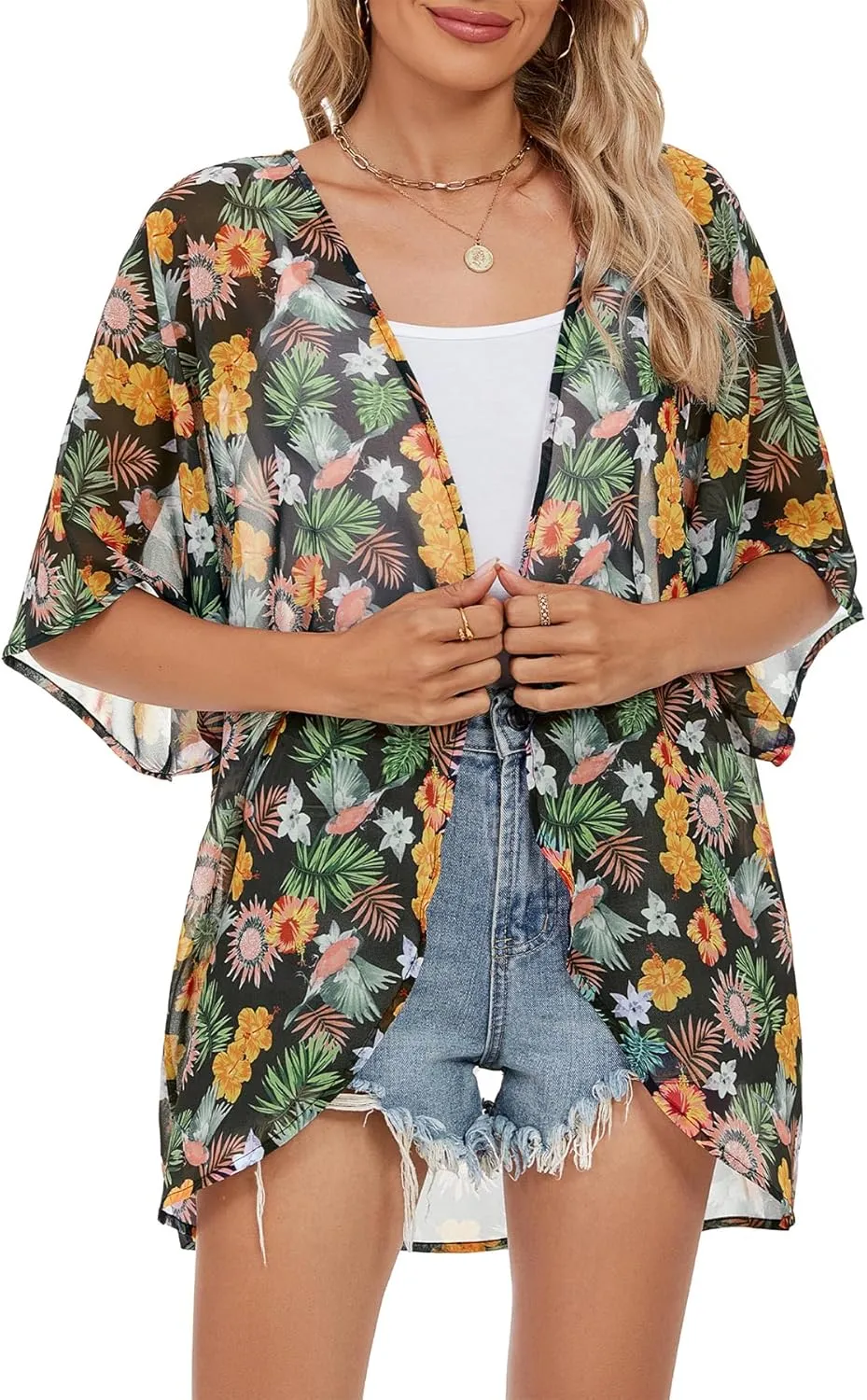 Zando Womens Floral Kimono Cover Ups Short Sleeve Kimono Cardigans Casual Shawl Cardigan Loose Open Front Kimono Tops
