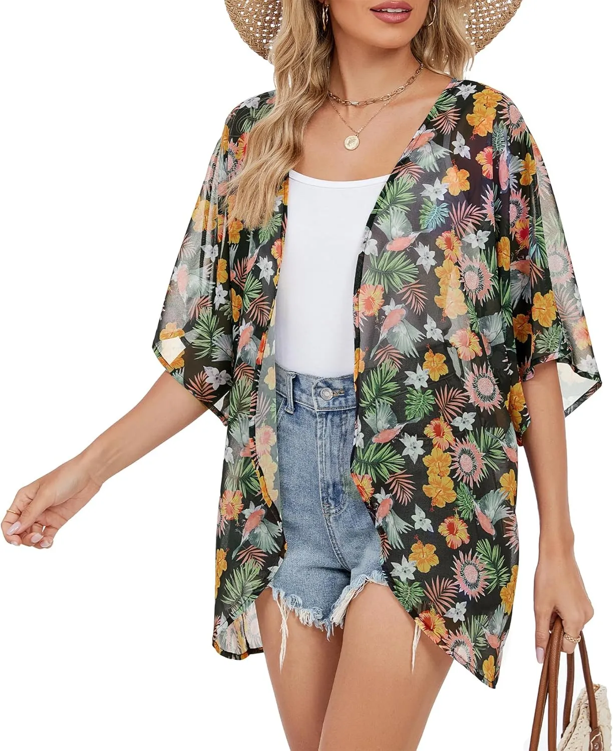 Zando Womens Floral Kimono Cover Ups Short Sleeve Kimono Cardigans Casual Shawl Cardigan Loose Open Front Kimono Tops