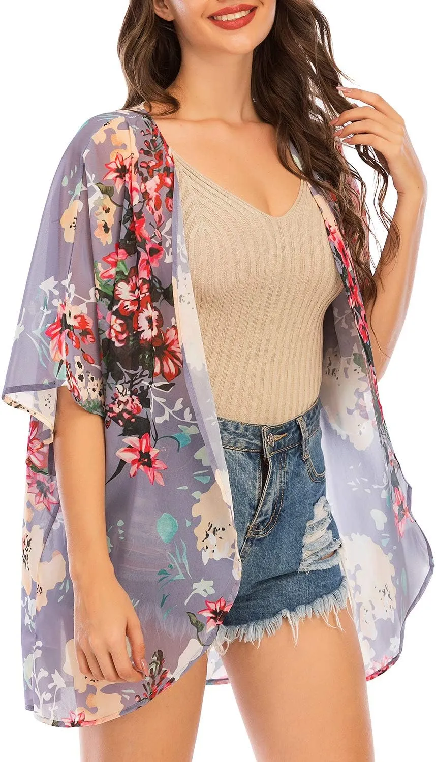 Zando Womens Floral Kimono Cover Ups Short Sleeve Kimono Cardigans Casual Shawl Cardigan Loose Open Front Kimono Tops