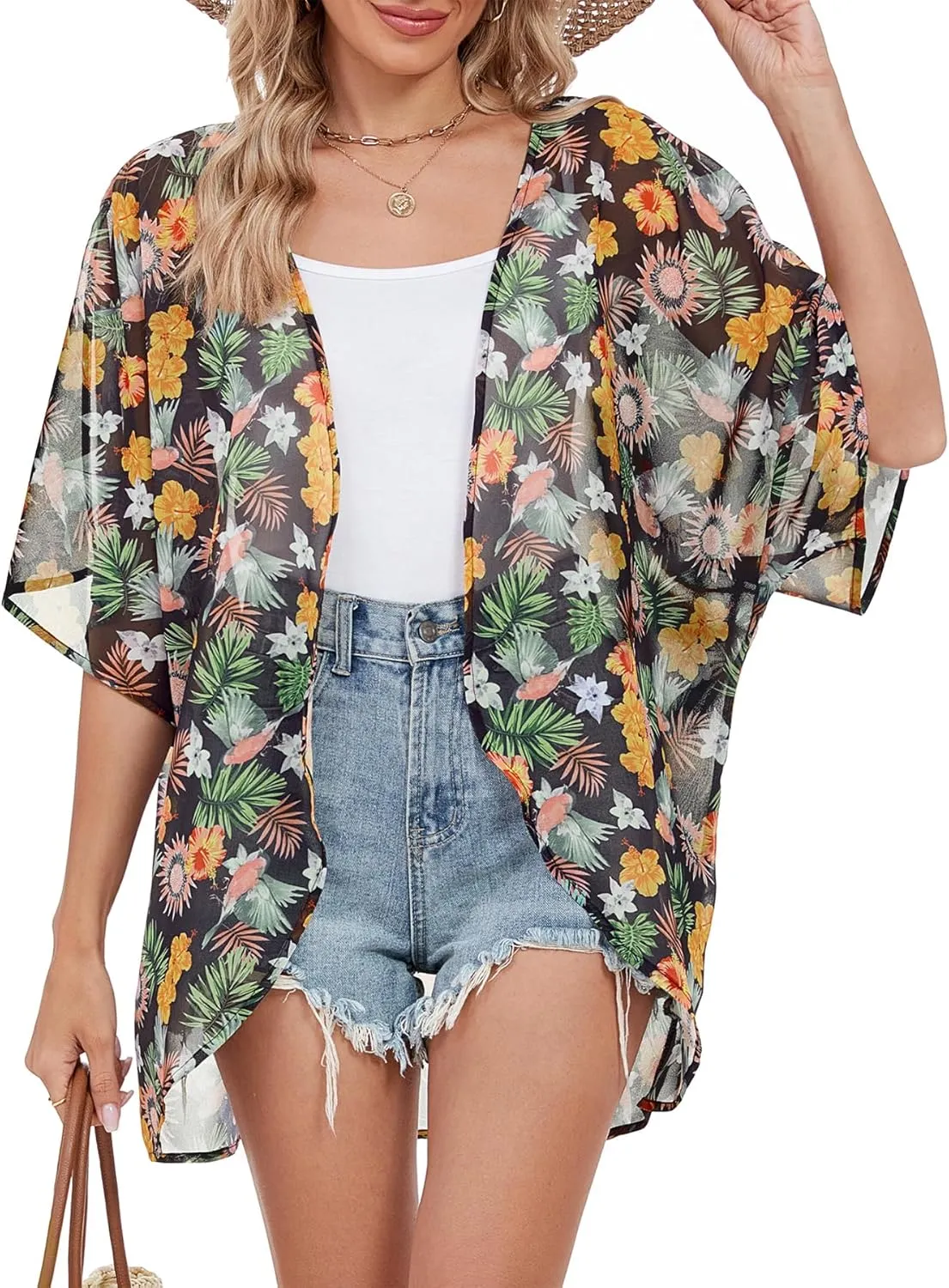 Zando Womens Floral Kimono Cover Ups Short Sleeve Kimono Cardigans Casual Shawl Cardigan Loose Open Front Kimono Tops
