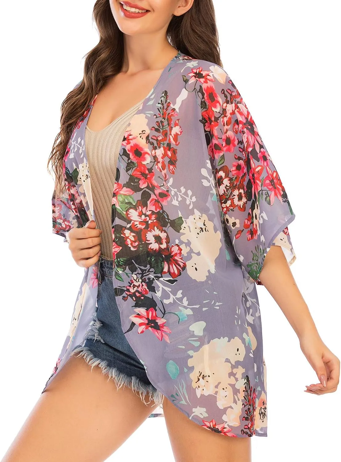 Zando Womens Floral Kimono Cover Ups Short Sleeve Kimono Cardigans Casual Shawl Cardigan Loose Open Front Kimono Tops